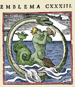 En triton og en ouroboros, illustration "Emblemer" (Emblemer af hæftet) af Andrea Alciati (farve litho)