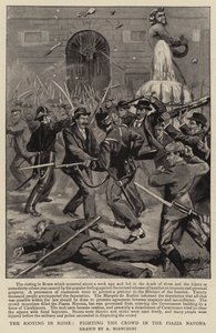 Optøjerne i Rom, bekæmpelse af menneskemængden på Piazza Navona (litho) af (after) Italian School