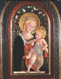 Madonna og barn, barn står og holder en fugl af (after) Pier Francesco Fiorentino