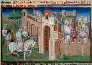 Brødrene Nicolo og Matteo Polo, onkel og far til Marco Polo (1254-1324), ankommer til Bukhara i Usbekistan. Miniature fra "The Book of Wonders" ("Devisement du monde", "Il Milione") af Marco Polo (1254-1324) illustreret af mesteren af Bouci