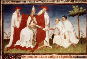 Brødrene Nicolo og Matteo Polo, onkel og far til Marco Polo (1254-1324) overrakte til pave Gregoire X et brev fra Qubilai (Kubilai Khan, første kejser af det mongolske Yuan-dynasti (1215-1294) Miniature taget fra "" The Book of Vidundere””” (“World Devise