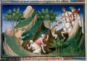 Udvinding af rubiner fra bjerget Sighinan efter ordre fra kongen af Badakhchan (regionen af Persien) Miniature taget fra "" The Book of Wonders""" ("" Devisement of the World""", "" Il Milione") af Marco Polo (1254-1324) illustreret af Mesteren af