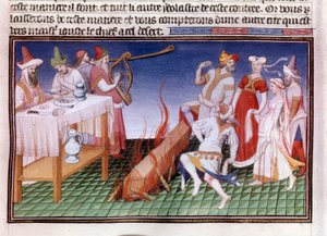 Begravelsesceremoni i den kinesiske provins Tangut (Gansu): kremeringsscene Miniature i manuskriptet "The Book of Wonders" ("The Book of Wonders" ("Devisement of the World", "Il Milione") fr.2810 (folio 23) belyst af mesteren af Boucicaut og skrevet af Mar