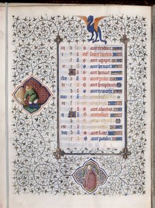 Manuskriptside "" Les Tres Riches Hours du Duke Francois de Guise""" dekorerer tegn på stjernetegn og repræsentation af landbrugsarbejde, høsten. Miniature af Mesteren af Boucicaut af (and workshop) Boucicaut Master