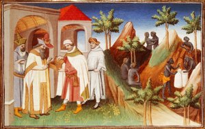 Mr Fr 2810 f.83r, kong af Lar køber perler, miniature fra "Livres des merveilles du monde", ca. 1410-12 (tempera på pergament)