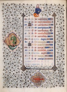 Side af manuskriptet "" Les Tres Riches Hours du Duke Francois de Guise"" oplyst af Mesteren af Boucicaut: repræsentation af stjernetegn og scener i hverdagen: kræft og en mand med en segl. 15. århundrede. Musee Conde, Chantilly af (and workshop) Boucicaut Master
