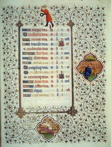 Side af manuskriptet "" Les Tres Riches Hours du Duke Francois de Guise"" oplyst af Mesteren af Boucicaut: repræsentation af stjernetegnene og scener i det daglige liv: Skytten og en betail-opdrætter. 1400-tallet. Musee Conde, Chantil af (and workshop) Boucicaut Master