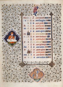 Side af manuskriptet "" Les Tres Riches Hours du Duke Francois de Guise"" oplyst af Mesteren af Boucicaut: repræsentation af stjernetegn og scener i det daglige liv: Vandmanden og en måltidsscene. 15. århundrede. Musee Conde, Chantilly af (and workshop) Boucicaut Master