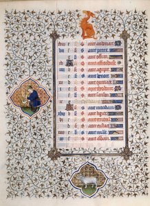 Side af manuskriptet "" Les Tres Riches Hours du Duke Francois de Guise"" oplyst af Mesteren af Boucicaut: repræsentation af stjernetegnene og scener i det daglige liv: Belier og en mand, der slår flet. 15. århundrede. Musee Conde, Chantilly af (and workshop) Boucicaut Master