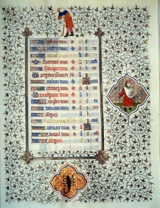 Side af manuskriptet "" Les Tres Riches Hours du Duke Francois de Guise"" oplyst af Mesteren af Boucicaut: repræsentation af stjernetegn og scener i hverdagen: skorpion og plantning. 15. århundrede. Musee Conde, Chantilly af (and workshop) Boucicaut Master