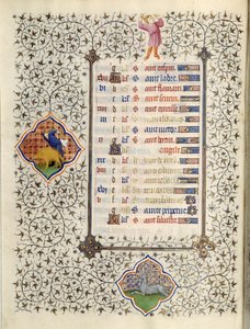 Side af manuskriptet "" Les Tres Riches Hours du Duke Francois de Guise"" oplyst af Mesteren af Boucicaut: repræsentation af stjernetegnene og scener i det daglige liv: Stenbukken og jagten på vildsvin. 15. århundrede. Musee Conde, C af (and workshop) Boucicaut Master
