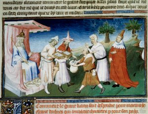 Qubilai (Kubilai Khan, første kejser af det mongolske Yuan-dynasti (1215-1294) betaler for sine indkøb med muriere miniature-barkmønter taget fra Marco Polos "The Book of Wonders"" ("" World Devisement", "" Il Milione"). illustreret af Master of Boucic