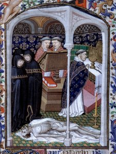 Scene med funebre ceremoni og makaber dans Miniature taget fra "Time Book" brugt i Paris" oplyst af Atelier du Maitre d Boucicaut, cirka 1415. Paris, B.N.