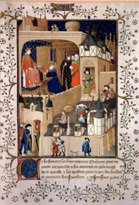 Den politiske eventyrer Peter the Fruitier dit Salmon tilbyder sit manuskript til kong Karl VI (1368-1422). Miniature fra "Answers a Charles VI et Lamentations" af Pierre Salmon oplyst af Maitre de Boucicauts værksted (1400-tallet) 1409 P