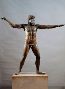 Græsk kunst: bronzestatue kaldet guden for Cape Artemision tilskrevet billedhuggeren Kalamis (5. århundrede f.Kr.), 460 f.Kr., Dim. 209 cm - Athen, Nationalt Arkæologisk Museum (inv. 15161) - Græsk civilisation: statue (ofte kaldet Gud fra havet) af Zeus e af (attr. to) Kalamis
