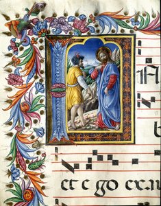 Decoree letrine, der skildrer Kristi fristelse Miniature af Liberale da Verona (1445-1529) fra et kor (Cod. 20/5. c.45v) fra katedralen i Siena. Cathedrale (Duomo) i Siena fra det 15. århundrede, Italien af (c.1445 1527) Liberale da Verona