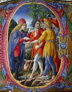 Decoree letrine, der repræsenterer lignelsen om morderiske vinmagere (Evangelium ifølge St. Matthæus Mt 21, 33-43) (The Parable of the Tenants) Miniature af Liberale da Verona (1445-1529) fra et kor (Cod. 20/5. ca. 2.) fra katedralen i Siena. 15. århundred af (c.1445 1527) Liberale da Verona