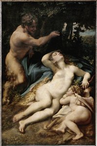 Jupiter og Antiope (eller Venus med amor og en satyr) (olie på lærred