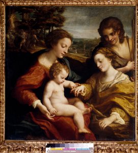 Det mystiske ægteskab mellem Saint Catherine af Alexandria med Saint Sebastian Maleri af Antonio Allegri (dit Correggio eller Le Correge 1489-1534) 1500-tallet søn. 1,05x1,02 m Paris, Musée du Louvre.
