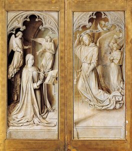 Bebudelse i grisaille (monokromatisk grå), udvendige vinger af triptykonaltertavle (ca. 1489-1502) af Master of Moulins, i katedralen Notre-Dame, Moulins, Frankrig. af (fl.c.1483 c.1529) Master of Moulins