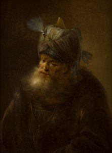 Portræt af en mand i en turban (olie på lærred) af (follower of) Rembrandt Harmensz. van Rijn