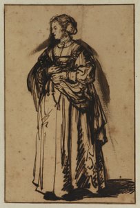 Kunstnerens kone, Saskia, står og holder blomster i hænderne af (workshop of) Rembrandt Harmensz. van Rijn
