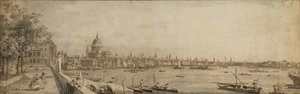 Themsen og London City fra Terrace of Somerset House (pen og brunt blæk med grå vask på papir) af Giovanni Antonio Canal