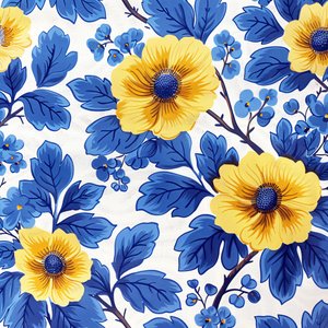Blåt og gult blomstret blokmønster til moderne Wall Art Prints af F. Abderrahim