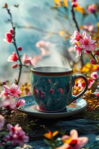 En surrealistisk kop kaffe foret med blomster til moderne vægdekoration af F. Abderrahim