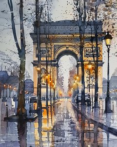 Akvarelmaleri: Champs Elysées Paris Frankrig om vinteren | vægbilleder af F. Abderrahim