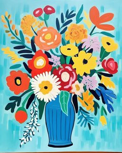 Matisse-inspirerede blomster i en vase | blomsterkunsttryk til vægdekoration af F. Abderrahim