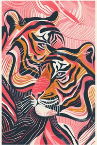 En lyserød, rød og orange tiger-illustration | online indrammet plakat kunsttryk af F. Abderrahim