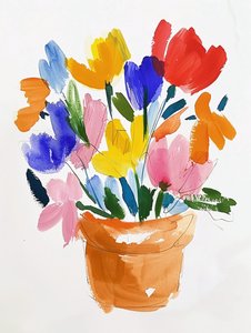 Farverige akvarelblomster i en vase | botaniske vægbilleder af F. Abderrahim