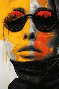 Minimalistisk abstrakt sci-fi surrealisme kvindeansigt med briller, kunsttryk af F. Abderrahim