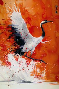 Stork malet i varme farver i asiatisk kunstnerisk stil, vægdekoration til soveværelset af F. Abderrahim