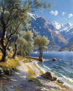 Bjerg- og skovlandskab med en stille sø, online kunsttryk af F. Abderrahim