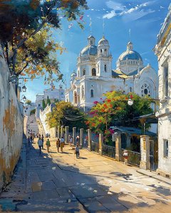 En gade i centrum af en middelhavsby, hvidt vægmonument af F. Abderrahim