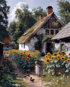 Et barn leger foran en gammel gård omgivet af solsikker på lærred. af F. Abderrahim