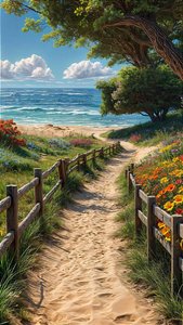 En sandsti fører til en smuk strand med et træhegn og farverige blomster. af F. Abderrahim