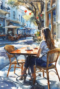 En kvinde sidder i en stol på en café på en gade i Paris, indrammet vægdekoration af F. Abderrahim