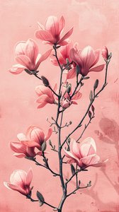Minimalistiske rosa og grå blomster, botanisk vægdekoration til soveværelset af F. Abderrahim
