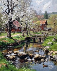 The Mill Cottage in Spring, olie på lærred, indrammet vægdekoration af F. Abderrahim