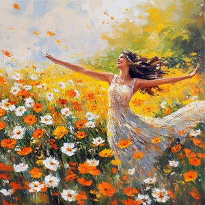 Kvinde smiler og danser på en blomstereng af F. Abderrahim