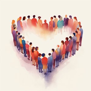 People Unified, hjerteformet i minimalistisk stil, store lærredstryk af F. Abderrahim