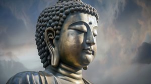 Buddha-portræt siddende i fredfyldt meditation, indrammet lærredstryk på bestilling af F. Abderrahim