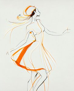 Minimalistisk dansende kvinde i Ewa Hauton-stil, lærredstryk på bestilling af F. Abderrahim