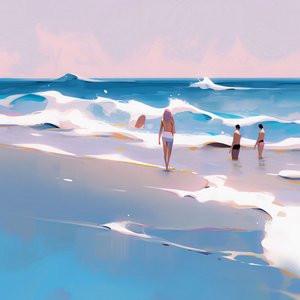 People on the Beach Minimalistisk akvarel med bølger, Vægdekoration til salg af F. Abderrahim