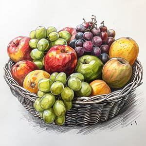 en kurv med frugt, enkel stilleben-tegning, vægkunstprint på bestilling af F. Abderrahim