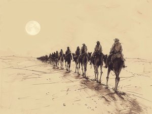 Desert Sun Procession Minimalist Single-Line Sketch, Vægdekoration til salg af F. Abderrahim