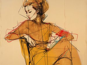 Modeillustration og tegning af en siddende kvinde, portræt i elegant brun kjole, kunsttryk af F. Abderrahim